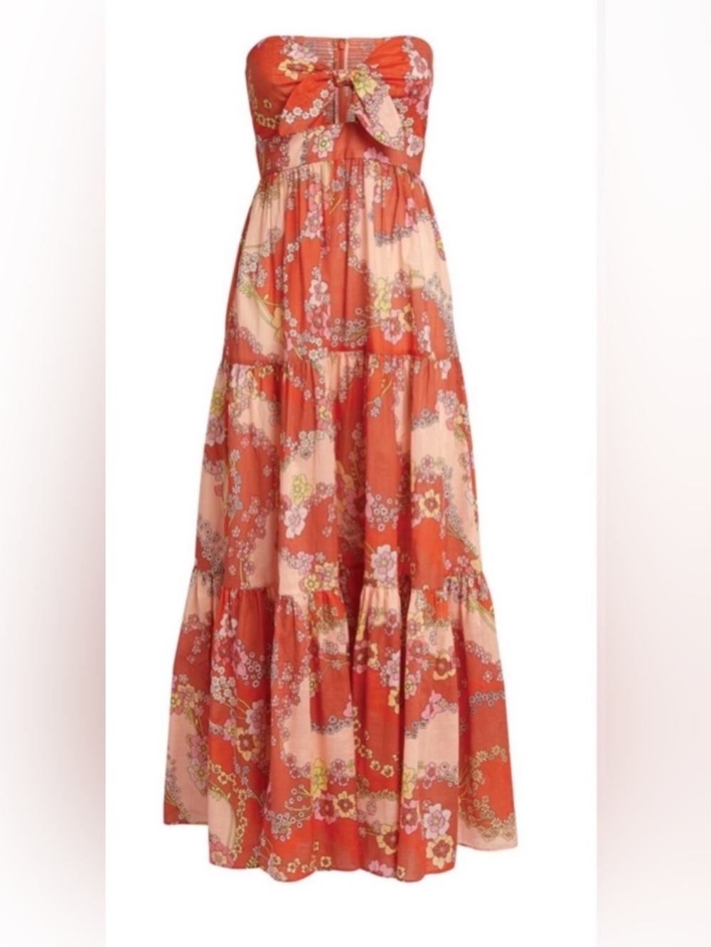 Zimmermann Coral and Cream Floral Strapless Midi Dress